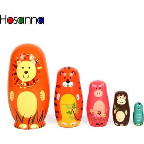 5PCS Russian Stacking Nesting Matryoshka Dolls Set of 5 Wooden Animal Collections Hand Paint Dolls Decoration Toys for Kids Gift