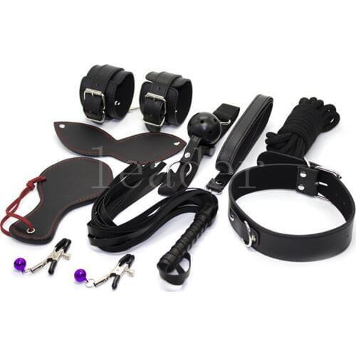8pcs/set Black Red Leather Bondage Whole Set Kits Adult Sexy Toy Blindfold Cuff Rope Collar Sex Products for Couples XN0111