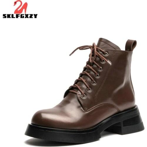 SKLFGXZY 2021 Women Winter Boots Genuine Leather Platform Black Ankle Boots Motorcycle Thick Heel Platform Boots