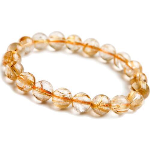 Genuine Natural Gold Rutilated Quartz Titanium Crystal Charm Bracelets 10.5mm Clear Transparent Stretch Round Beads Bracelet