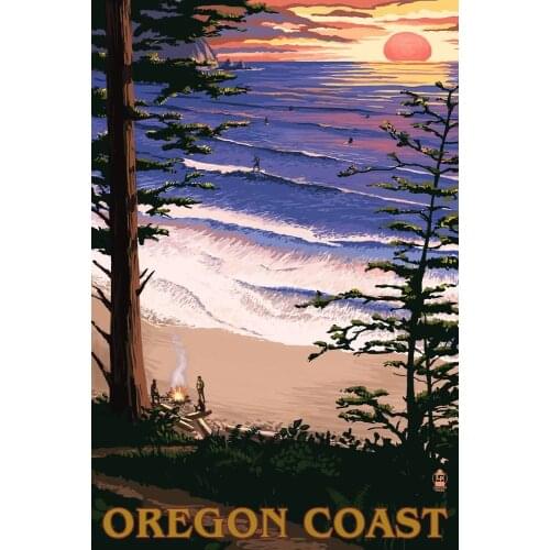 Lantern Press Oregon Coast Sunset Surfers 31574 (8*12 Aluminum Wall Sign, Wall Decor Ready to Hang)