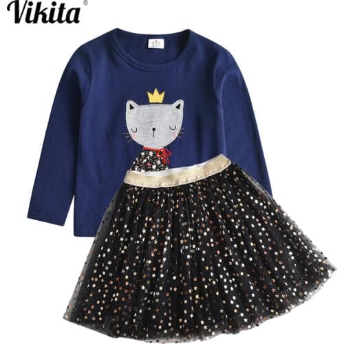 VIKITA Girls Dress Sets Cartoon Unicorn Cat Girls Cotton Autumn T-shirt + Star Skirt 2pcs Suit Princess Sets Kids Spring Clothes