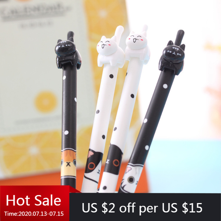 24 Pcs Korean Creative Stationery Jumping Cat Tail Cute Cat Neutral Pen Black-core Kawaii School Supplies Pen