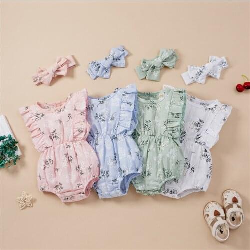Cute Newborn Baby Girls Clothes Ruffle Backless Floral Print Cotton Romper+Headband Outfits Baby Girls Summer Clothes 4 Colors