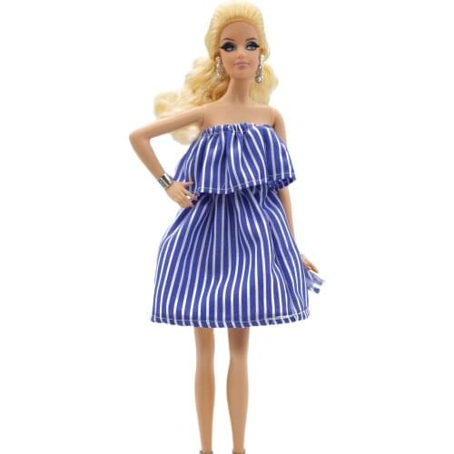 Fashion Blue Stripes Dress Doll Clothe Accessories Play House Dressing Up Kids Toys