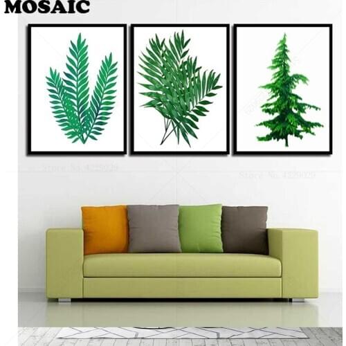 MOSAIC,5DIY Diamond Painting Cross Stitch Kits Green Plant Leaf Full Diamond Embroidery Mosaic Wall Art Still Life Pictures 3pcs