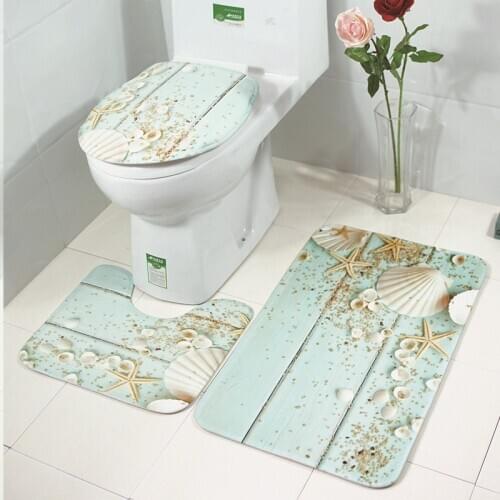 Non-slip Rug Lid 3Pcs Bathroom Set Flannel Star fish Shell Toilet Pedestal Mat Polyester Flannel for Living Bed Room Washable