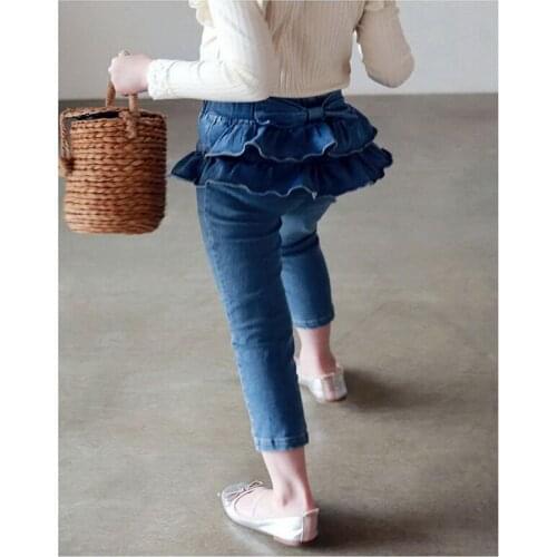 2021 New Korean Style Spring Teenagers Girls Jeans Elastic Waist Solid Color Tutu Trousers Children Kids Clothes E676