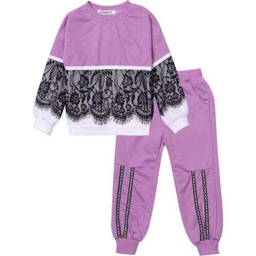 New Production Girls Clothing Sets Lace Patchwork Sweater T-shirt + Sports Pants 2...8 Yeas Cuasual Girl Leggings Suits