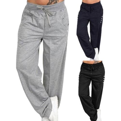 Dropshipping Women Solid Color Elastic Waist Drawstring Button Pocket Straight Trousers Pants