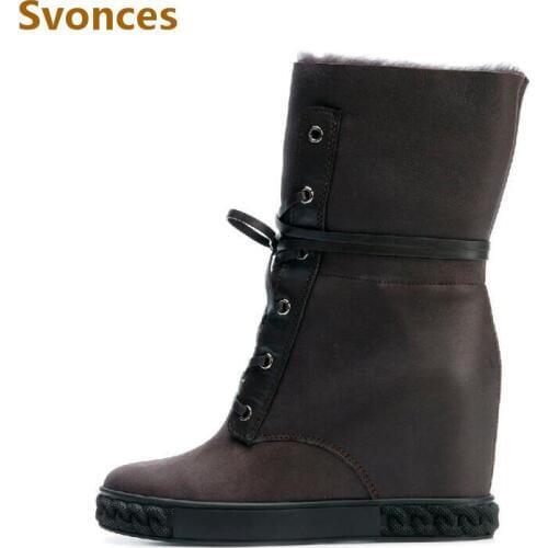 Newest Winter Warm Wool Height Increasing Women Boots Solid Platform Lace Up Wedge Botas 8CM High Heel Snow Boots Shoes Woman 41