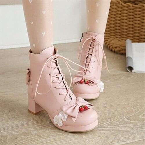 PXELENA Japanese Lovely Princess Lolita Cosplay Uniform Ankle Boots Women Butterfly-knot Strawberry Ruffles Student Shoes 34-45