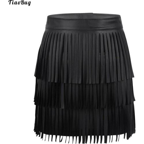 TiaoBug Women Hippie Boho PU Leather High Waist Layered Fringe Tassel Bodycon Party Clubwear Mini Skirt Party Costume