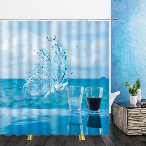 Summer Landscape Shower Curtains Seawater Butterfly Natural 3D Print Bathroom Home Decor Waterproof Polyester Cloth Curtain