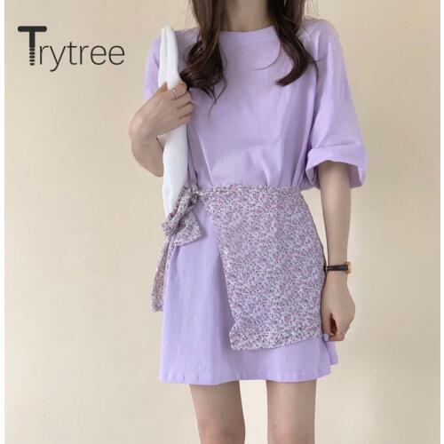 Trytree 2020 Summer Women Casual O-neck Long T-shirt Solid 3 Color Gift Print Shawl Loose All-Purpose Style Long T-shirt Tops