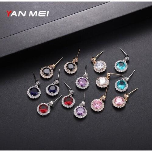 YAN MEI Ladies Round Geometric Crystal Earrings Fashion Gold Earrings Party Jewelry Accessories Hip Hop Cubic Zirconia Sparkling