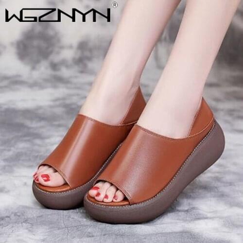 Womens Sandals Genuine Leather Platform Sandal 2021 Summer Thick Sole High Heels Ladies Sandal Summer Shoes for Women Slippers