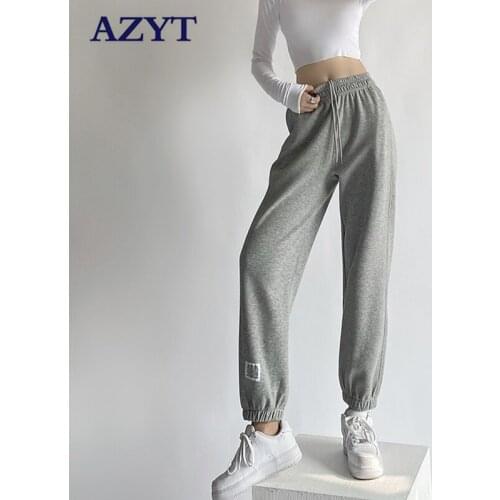 AZYT 2021 Drawstring High Waist Women Sweatpants Autumn Solid Loose Harem Pants Female Casual Jogger Trousers Female
