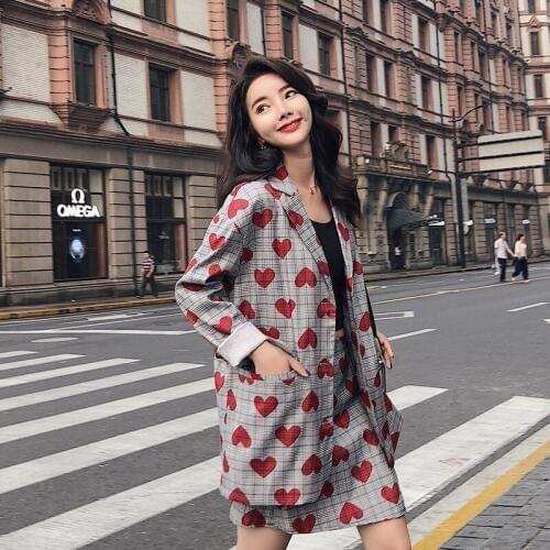 Set female 2019 autumn new temperament love plaid small suit in the long coat + skirt elegant fashion two-piece casual wild
