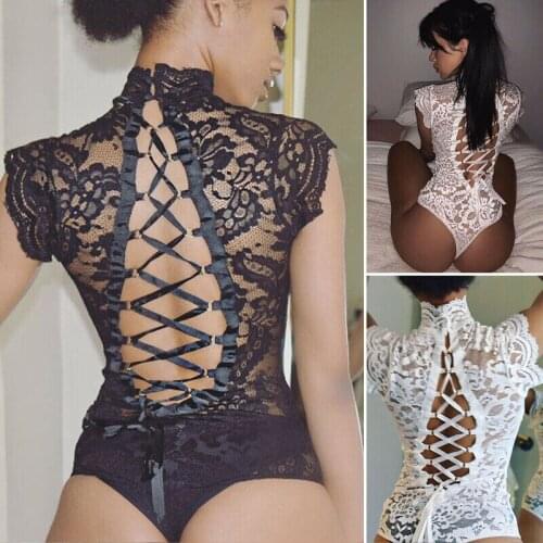 Women Erotic Sex Turtleneck See-Through Lace Floral Sleeveless Bow Bandage Skinny Bodysuit Elegnat Sexy Lingerie