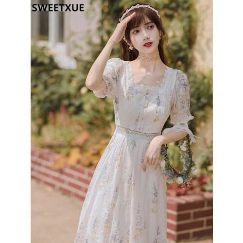 SWEETXUE 2021 Women Summer Fashion Temperament Elegant Vintage Square Collar Floral Crochet Hollow Out Chic Party Lady Dress