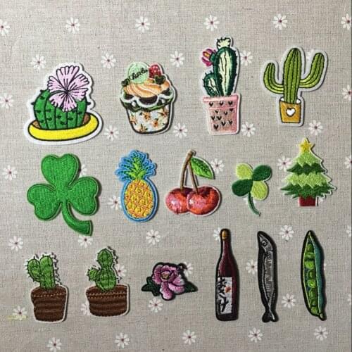 100pcs/lot Embroidery Patch Flower Cactus Clover Cherry Pineapple Beans Fish Clothing Decoration Craft Diy Iron Heat Applique
