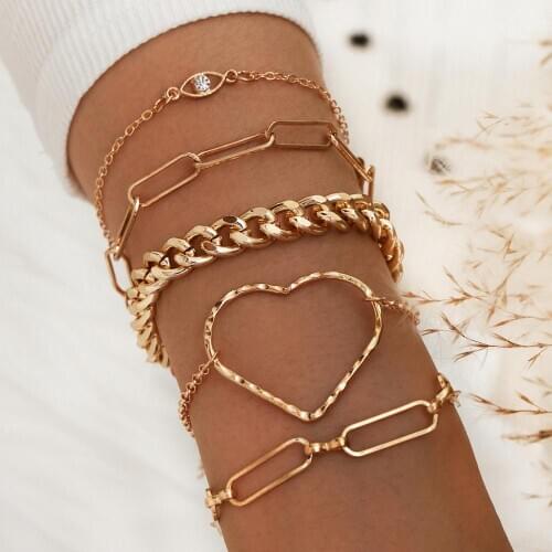 5Pcs/Set Hip Hop Chunky Thick Miami Curb Cuban Bracelets Bangles Fashion Punk Metal Big Heart Turkish Eyes Bracelet Jewelry Gift