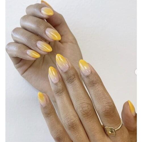 24 Pieces Per Box Durable Almond Gradual Change Yellow-pink Long Acrylic Fake Nails with Designs JP1809-B3