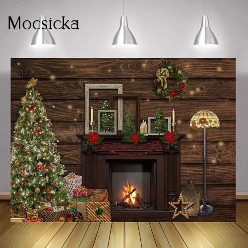 Rustic Wood Winter Fireplace Backdrop Photocall Christmas Tree Xmas Birthday Portrait Background Gifts Wreath Candle Studio Prop