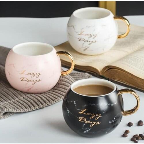 Coffee Mug with Spoon 530ML Women Marble Ceramic Coffee Mug Milk Cup Printing with Gold Novelty Gift, Black, White, Pink