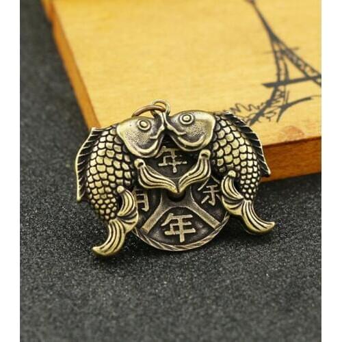 Collection Chinese Brass Carved Animal Double Fish Consecutive Bumper Harvests Exquisite Small Pendant Statues