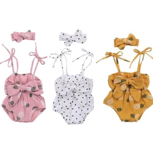 0-24M Baby Girl Bodysuit Headband 2Pcs Floral/Polka Dot Print Sleeveless Bowknot Belt Jumpsuits Baby Girls Cotton Strap Jumpsuit
