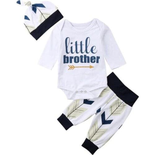 Spring Autumn 3Pcs Newborn Infant Toddler Baby Boys Clothes Little Brother Jumpsuit Romper Pants Hat Outfits Set 0-24M