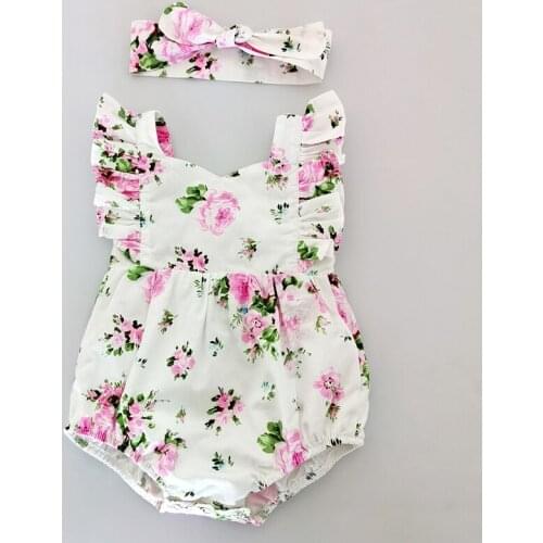 Flofallzique 2020 Square Collar Vintage Floral Pattern Fashion Back Strap Design With Headband Newborn Baby Girl Rompers