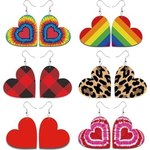Tie Dye PU Leather Colorful Heart Earrings for Women 2021 New Valentines Day Gifts Rainbow Earrings Leopard Jewelry Wholesale