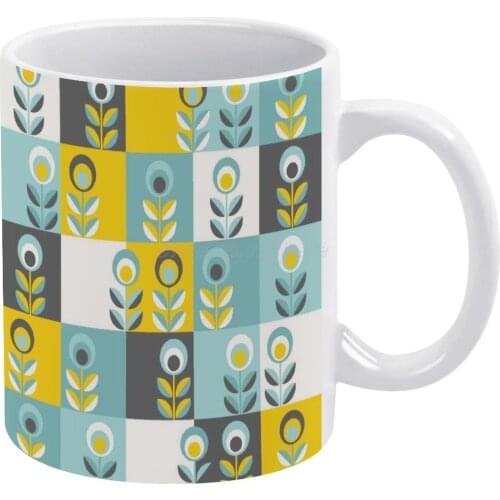 Scandinavian Flowers 02 , Yellow-gray-teal , Retro Pattern White Mug New Good Quality Print Mug 11 Oz Coffee Cup Mod Pattern Re