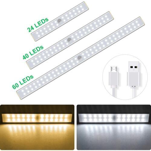 24/40/60 LED Under Cabinet Light Motion Sensor Closet Lamp Auto On/Off for Wardrobe Bedroom Kitchen USB Charge Night Lights