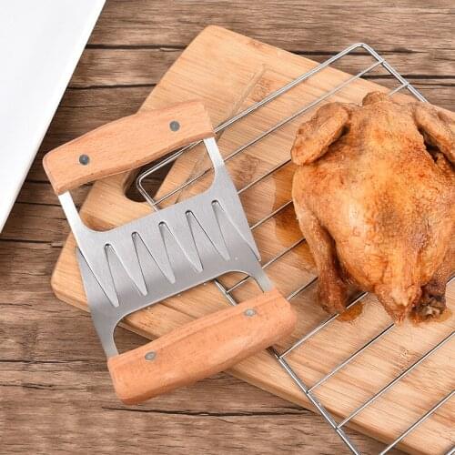 Stainless Steel Light Wood Grip Bear Claw-shaped Meat Splitter For Household Barbecue