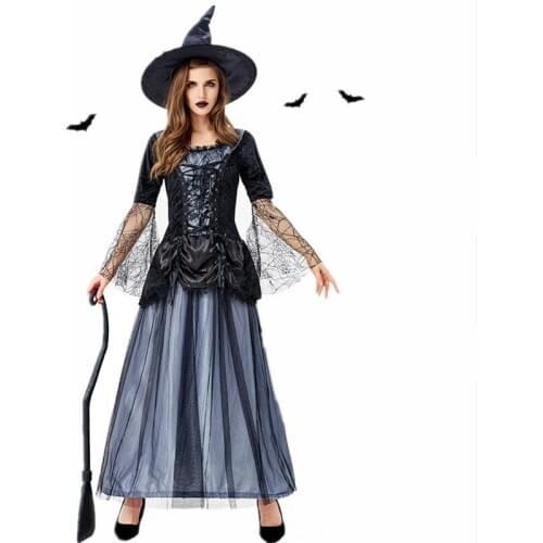 New Halloween Adult Woman Cosplay Witch Costume Nightclub Party Lace screen yarn Temperament Blue Black Witch Dresses