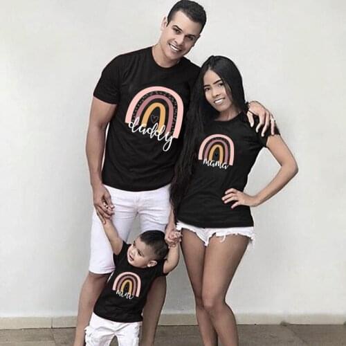 Family Matching Outfits Mother Father Baby Matching T-shirt Short Sleeve Family Clothe 1pc Fashion Daddy Mama Mini Rainbow Print