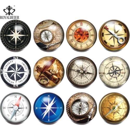 RoyalBeier 12PCS/lot Mixed 18mm Compass Symbol Theme Patterns Glass Snap Buttons For Snap DIY Making Bracelets Bangles Jewelry