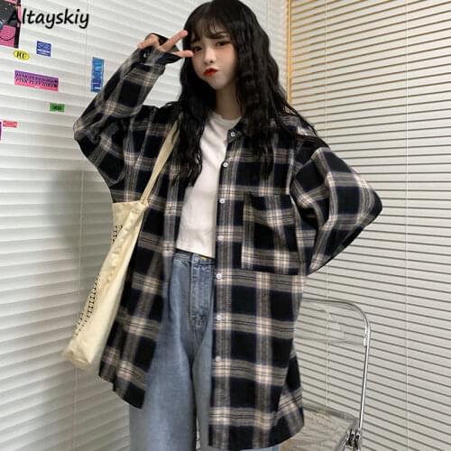 Shirts Women Chic Plaid Retro BF Style Plus Size 4XL Ins Teens Outerwear Simple Spring Fall Daily Preppy Girls Tops Harajuku New