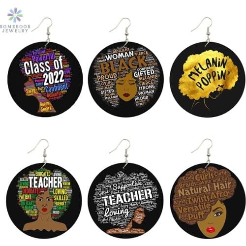 SOMESOOR Class Of 2021 AFRO Natural Hair African Wood Drop Earrings Melanin Poppin Teacher Smart Black Queen Design Jewelry Gift