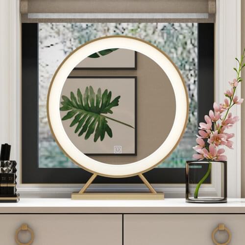 Nordic Golden Smart LED Makeup Mirror Bedroom Hotel Desktop Decoration Round With Light Tricolor Light Source Storage Base