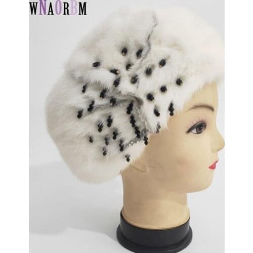 Russian Fur Hat Winter Warm Natural Mink Fur flower Hats for Women Classic Luxury Caps Earflap Christmas Hat beret hat
