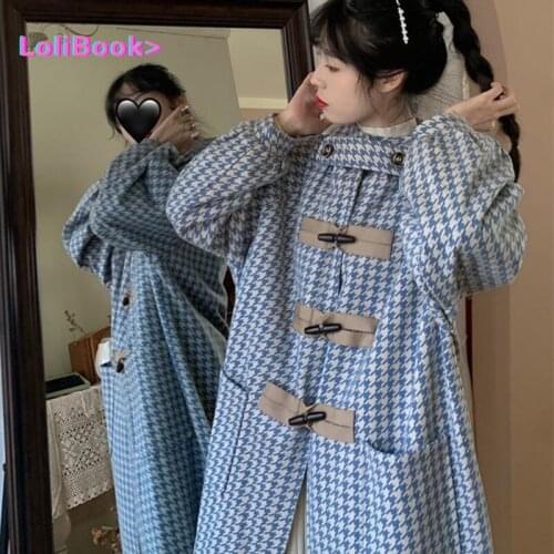 Lolibook Japanese Style Woolen Coat Female 2021 New Winter Wild Thick Horn Buckle Korean Loose Blue Houndstooth Wool Coat