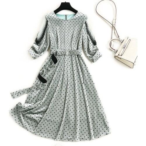 Autumn Dresses for Women 2020 New Fashion Designers Lace Patchwork Dot Print Aline Knee Length Velour Dress Casual Vestidos