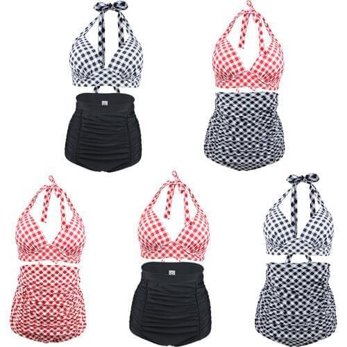 2018 New Tie Front Bikini Set Floral Print Halter High Waist Ruched Swimsuit Plus Size Push-up Women Swimwear Grid sexy suit