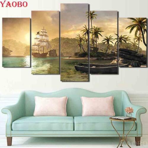 5 Panel Sailboat And Palm Tree Landscape 5d diy diamond painting full square drill diamond embroidery mosaic home decoration