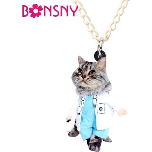 Bonsny Acrylic Doctor Cat Kitten Necklace Pendant Chain Choker Cartoon Jewelry For Women Girls Teens Kid Animal Accessories Gift